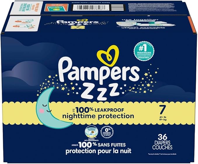 Pampers ZZZ Overnight Diapers, Size 7 (41+ lbs), 36 Count, Nighttime Protection Disposable Baby Diaper, Night Time Leak and Skin Protection