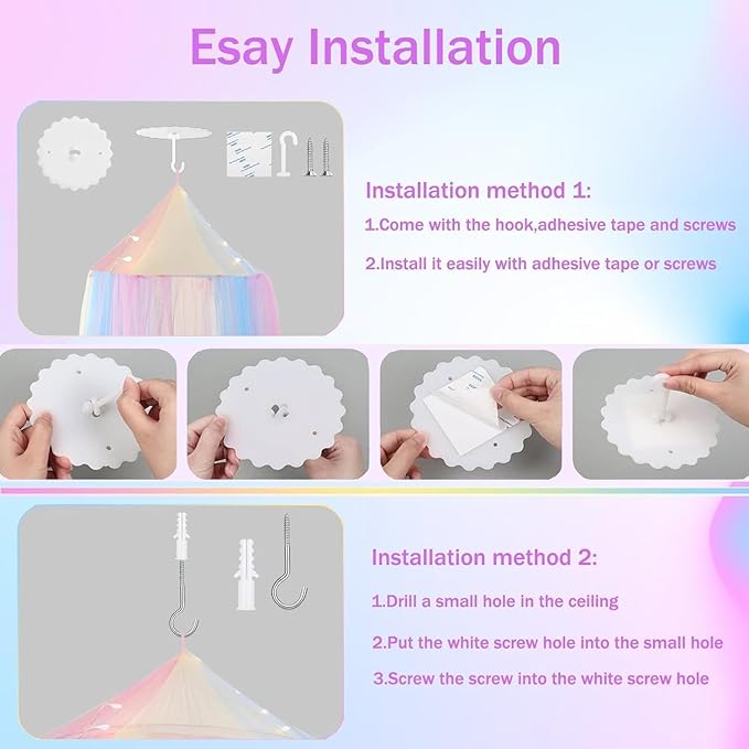 Rainbow Bed Canopy with Warm Fairy Lights,X-Large Princess Canopy Hanging Netting for Girls Bedroom Decor,Kids Fairy Dream Play Tent for Room,Reading Corner