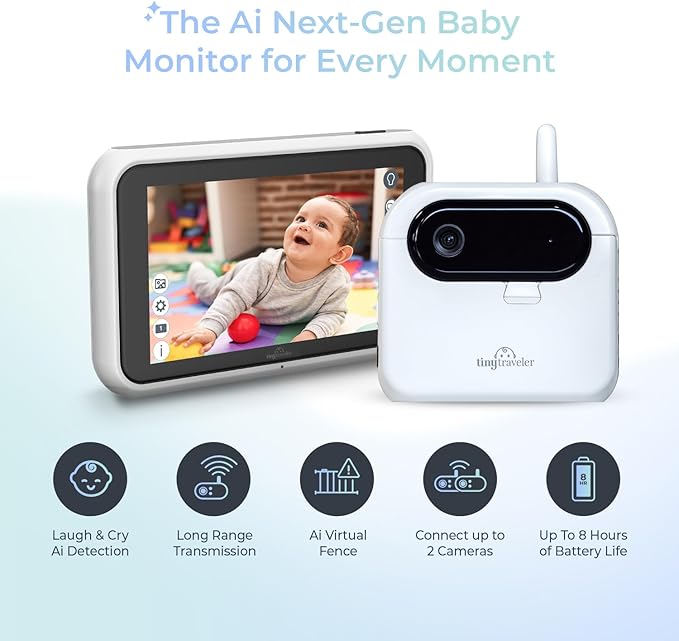 Tiny Traveler Ai Smart Wireless Baby Car Monitor with Travel Kit & Power Bank - AI-Powered Safety Alerts Detection, Virtual Fence, Long Range 1000ft Night Vision Lullabies Night Light - White