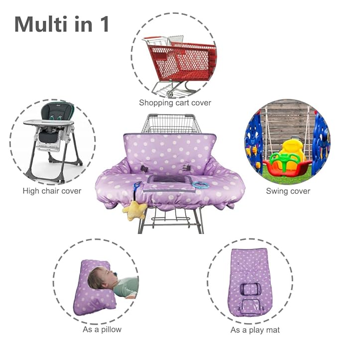 Shopping Cart Cover for Baby boy Girl, Multi-in-1 Cart Covers for Babies, Infant High Chair Cover, Machine Washable, Soft Padded Grocery cart seat Cushion Cover, Purple dot
