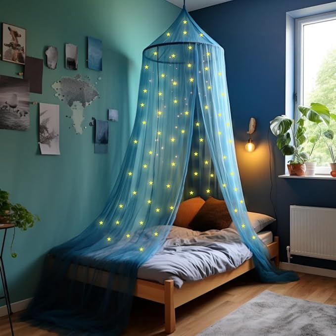 Blue Canopy for Girls Bed with Pre-Glued Glow in The Dark Stars - Princess Mosquito Net Room Decor - Kids & Baby Bedroom Tent with Galaxy Lights - 1 Opening Canopy Bed & Hanging Kit Included