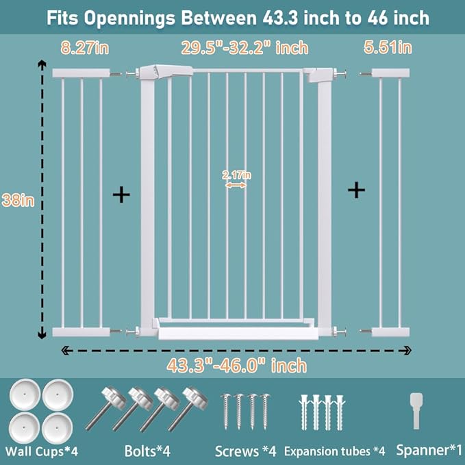 Fairy Baby 38" Extra Tall Dog Gates for Doorways, 43.3"-46.0" Extra Wide Baby Gate for Stairs, Metal Auto Close Safety Child Gate, Pressure Mounted Easy Walk Through Pet Gate Indoor with Door, White
