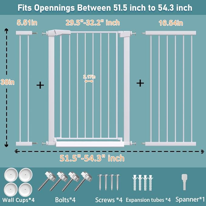 Fairy Baby 38" Extra High Dog Gate, Long Baby Gates Indoor Extra Wide 51.6"-54.3", Metal Auto Close Safety Child Gate Indoor, Pressure Mounted Dog Gate for Stairs Doorways, White
