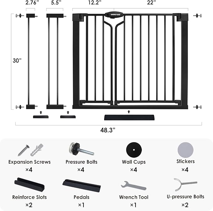 Beberoad Love Double Door Baby Gate for Stairs and Doorways, Pressure Mounted Dog Pet Gate, Extra Wide 37.4"-48.26" Auto-Close Walk Thru Baby Pet Safety Gate, Includes 2-Pack Extension Kit No Drilling