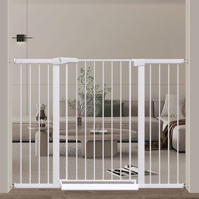 Fairy Baby 38" Extra Tall Baby Gate, 48.9"-54.3" Extra Wide Large Pet Gate, Metal Auto Close Child Gate Indoor, Pressure Mounted Dog Gate Safety Barrier Fence for Stairs Doorways No Climb, White