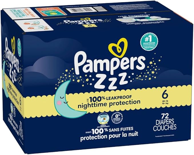 Pampers ZZZ Overnight Diapers, Size 6 (35+ lbs), 72 Count, Nighttime Protection Disposable Baby Diaper, Night Time Leak and Skin Protection
