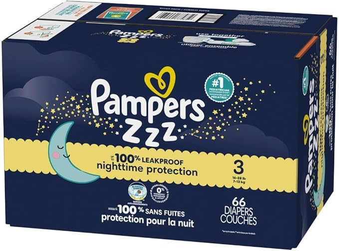 Pampers ZZZ Overnight Diapers, Size 3 (16-28 lbs), 66 Count, Nighttime Protection Disposable Baby Diaper, Night Time Leak and Skin Protection