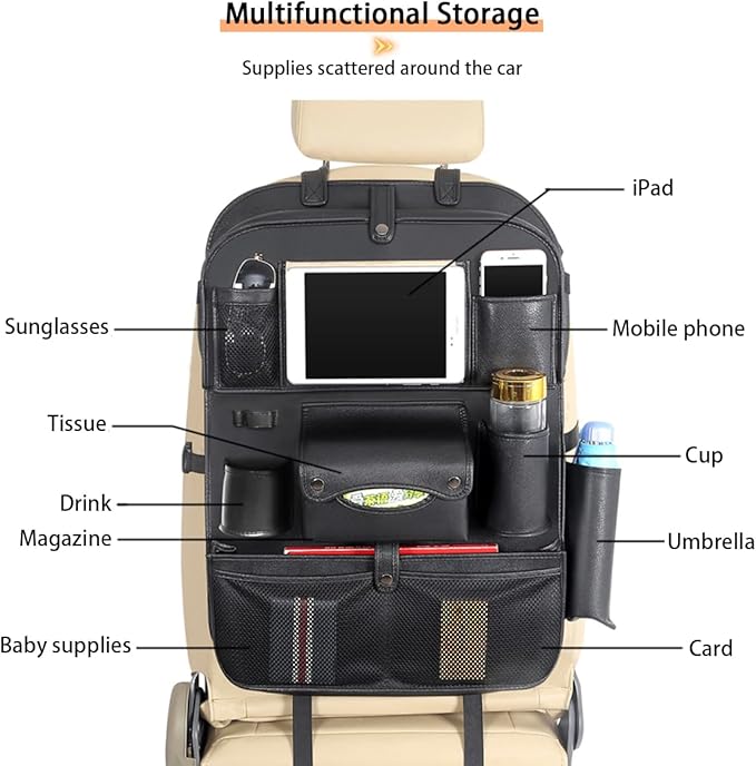 Popular Items Car Seat Back Pocket, Rear Seat Storage, Stain Proof, Car Storage Pocket, Seat Back Pocket, Premium Waterproof PU Car Seat Back Organizer（Black）
