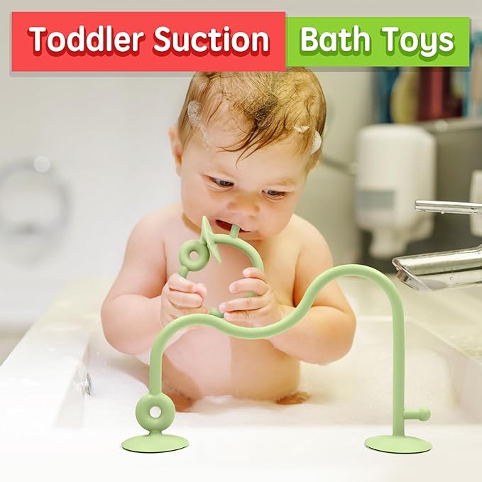 Baby Sensory Teething Chew High Chair Suction Toys for Infant Toddlers 6 12 18 24 Months, Food Grade Silicone Teether with Oak Loop Montessori Educational Baby Bath Toy Gifts (Green)