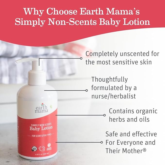 Earth Mama Simply Non-Scents Baby Lotion for Dry Skin, Calendula Cream, Skin Care for Kids, Organic Moisturizer, Unscented Lotion with Aloe, Rooibos, & Shea Butter, 8-Fl oz