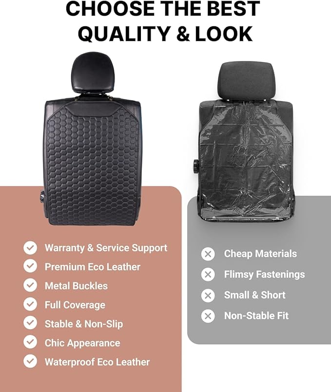 Owleys Premium Leather Car Seat Protector for Back Seat - Back Seat Cover for Kids - Car Kick Mat - Back of Seat Protector for Kids Feet Car Seat Back Protector - 2 Pcs Black