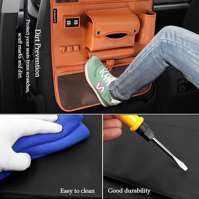 Car Backseat Organizer with Foldable Table Tray,Car Storage Organizer with Tablet Holder,Car Seat Back Protectors Kick Mats,Premium PU Leather Material,Compatible with Most Vehicles