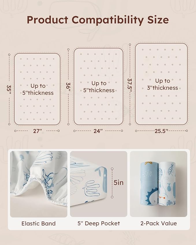 Yoofoss Baby Pack and Play Sheets 2 Pack for Boys and Girls - 38x26 Mini Crib Sheets Fitted Neutral Compatible with Graco Pack n Play Mattress,Ultra Soft Breathable Microfiber Underwater World