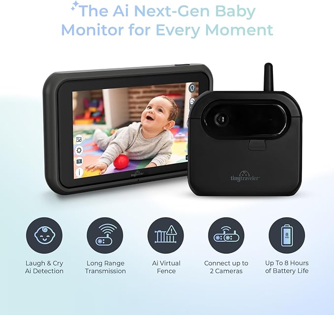 Tiny Traveler Ai Smart Wireless Baby Car Monitor with Travel Kit & Power Bank- AI-Powered Safety Alerts Detection, Virtual Fence, Long Range 1000ft Night Vision Lullabies Night Light - Black