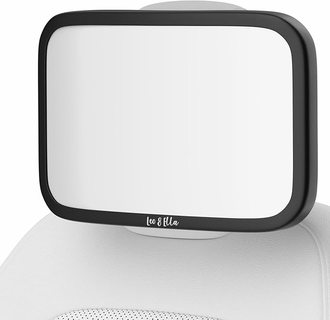 Leo and Ella - Tesla Fixed Headrest Baby Car Mirror, Extra Large Car Mirror For Baby, Shatterproof & Adjustable Safety Mount with Elastic Strap