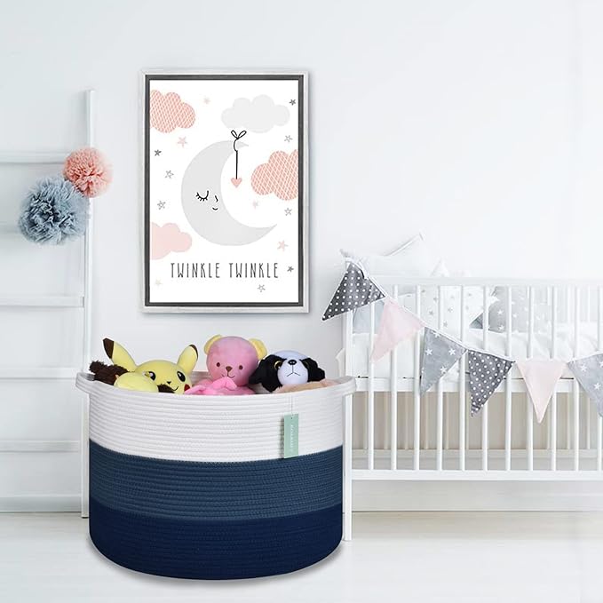 Extra Large Blanket Basket 87L, Laundry Hamper, Baby Nursery Hamper for Storage Toys Clothes Towels, Large Cotton Rope Laundry Basket for Girls Boys, 22”x 14”, White & Cadet Blue & Navy Blue