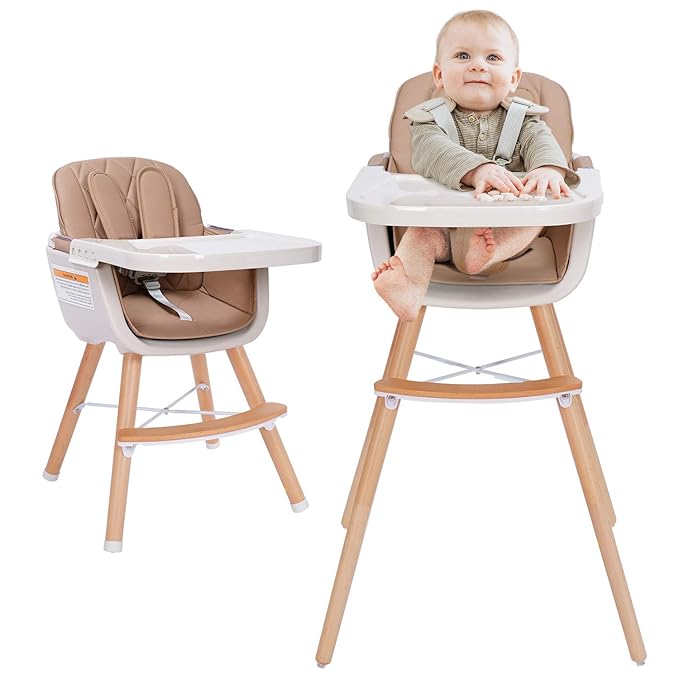 Mallify 3-in-1 Convertible Wooden High Chair, High Chairs for Babies and Toddlers, Baby High Chair with Adjustable Legs & Dishwasher Safe Tray, Made of Sleek Hardwood & Premium Leatherette, Brown