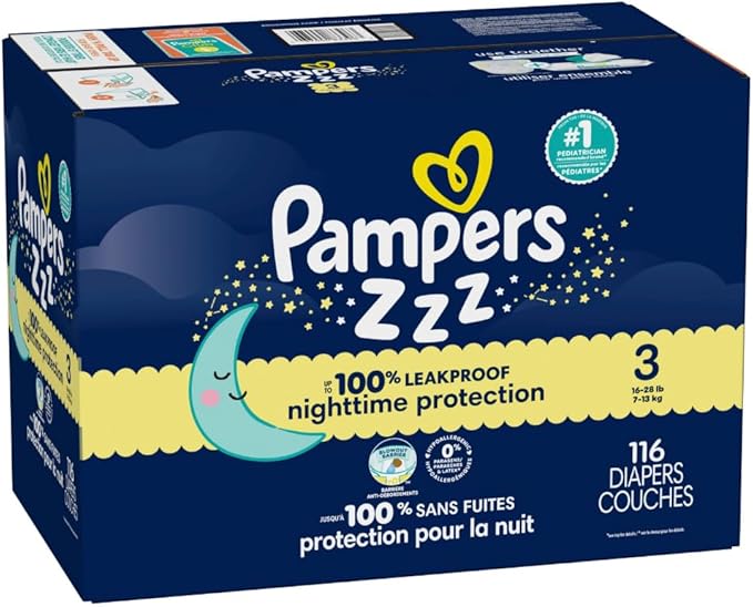 Pampers ZZZ Overnight Diapers, Size 3 (16-28 lbs), 116 Count, Nighttime Protection Disposable Baby Diaper, Night Time Leak and Skin Protection