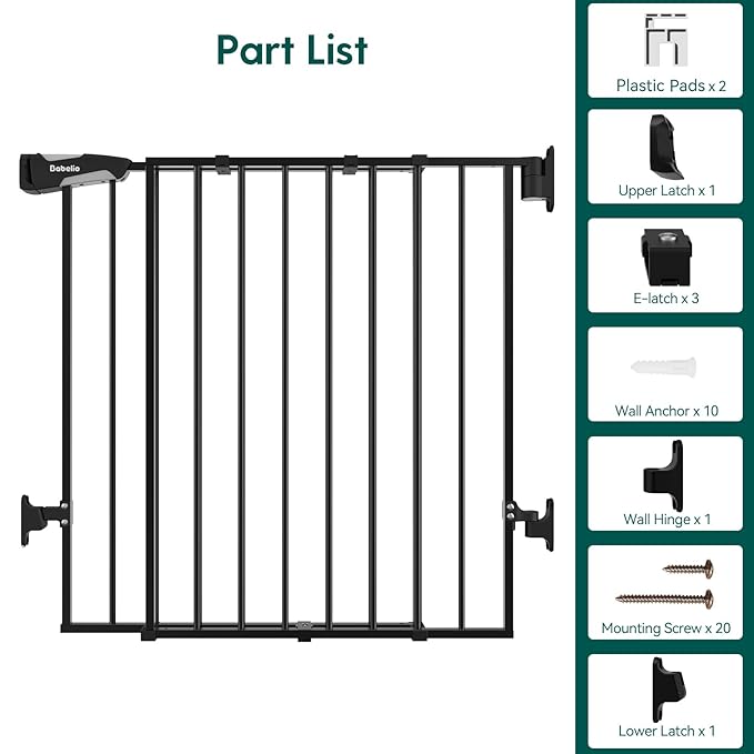 Babelio Baby Gate for Stairs, Kitchen & Doorways, 26-41" W 34" H Extra Tall| No Bottom Bar| Easy Installation| One-Handed Operation| Auto-Close| Hardware Mount Safety Dog/Pet Gate Indoor (Black)