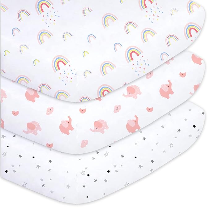 Plushii Crib Sheets for Baby Girls 3 Pack, 28"x 52" Extra Soft Microfiber Crib Sheet Set for Baby Crib Mattress Sheet & Toddler Mattress Pad, Rainbow & Elephant & Stars