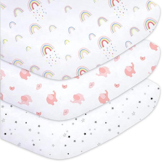 Plushii Crib Sheets for Baby Girls 3 Pack, 28"x 52" Extra Soft Microfiber Crib Sheet Set for Baby Crib Mattress Sheet & Toddler Mattress Pad, Rainbow & Elephant & Stars