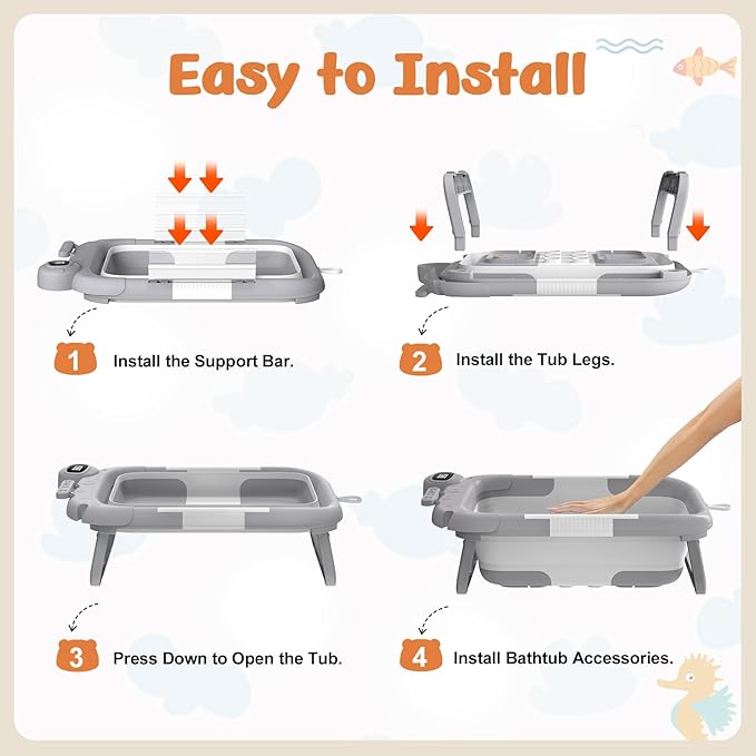 Collapsible Baby Bathtub for Newborn,Baby Tub with Soft Floating Cushion & Thermometer for Infant to Toddler,Portable Travel Bathtub with No-Slip Feet for 0-36 Months-Gray