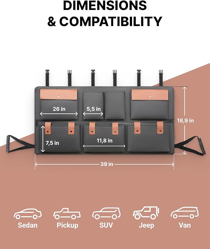 Owleys Hanging Car Trunk Organizer | Eco Leather Back Seat Storage 39"x19" | 8 Pockets with Zipper Compartment | Waterproof Cargo Holder for SUV & Sedan | Black&Brown