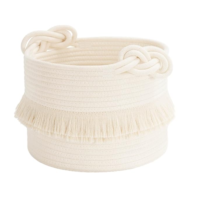CherryNow Small Woven Storage Baskets, 9.5'' x 7'' inches Cotton Rope Decorative Hamper for Diaper, Blankets, Magazine and Keys, Cute Tassel Nursery Decor - Home Storage Container, Off-white