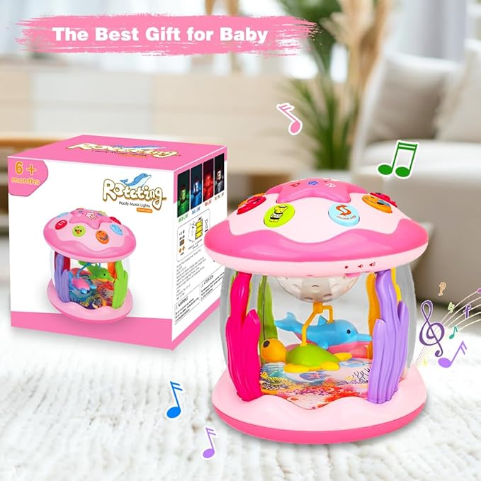 Baby Girl Toys 6-12 Months: Babies Ocean Rotating Light Up Musical Toys 12-18 Months Crawling Learning Infant Toy for Toddlers 1 2 3 Years Old Baby Girl (Pink)