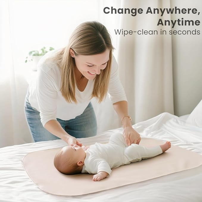 Konssy Faux Leather Baby Changing Mat, Waterproof, Wipeable & Portable Diaper Changing Pad for Travel or Home, Fits Perfectly in Diaper Bag, 30 x 17 inche (Blush,Beige)