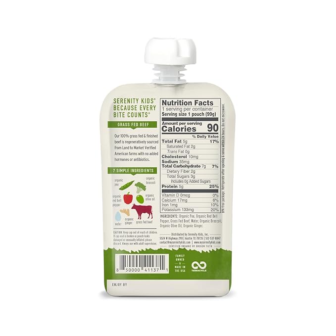Serenity Kids 6+ Months Baby Food Pouches Puree Made With Ethically Sourced Meats & Organic Veggies | 3.5 Ounce BPA-Free Pouch | Grass Fed Beef & Ginger, Pea, Bell Pepper, Broccoli | 1 Count