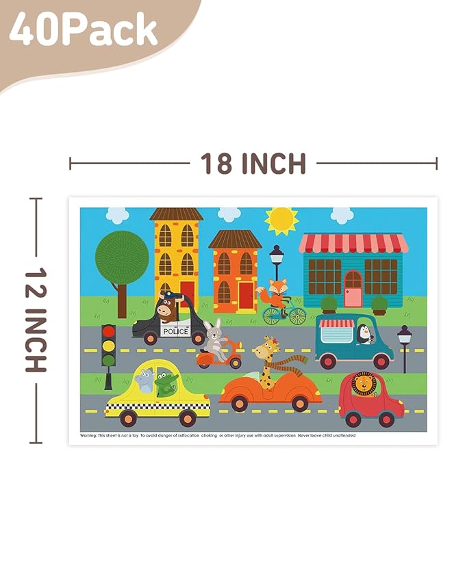 Disposable Stick-on Placemats 40 Pack for Baby & Kids, Toddler Placemats in Reusable Pouch 12" x 18" (Multicolor Animals Driving Cars)