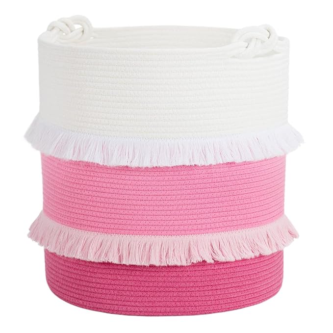 CherryNow Extra Large Woven Storage Baskets – 16'' x 17'' Cotton Rope Decorative Pink Hamper for Nursery, Toys, Blankets, and Laundry, Cute Tassel Nursery Décor for Baby & Girl