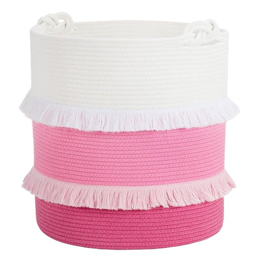 CherryNow Extra Large Woven Storage Baskets – 16'' x 17'' Cotton Rope Decorative Pink Hamper for Nursery, Toys, Blankets, and Laundry, Cute Tassel Nursery Décor for Baby & Girl