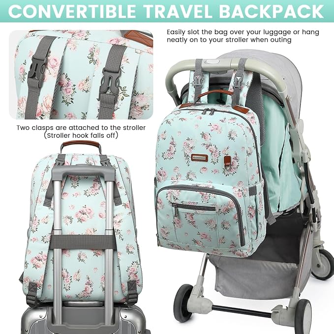 Diaper Bag Backpack, Large Baby Nappy Bags with Portable Changing Pad for Boys and GirlsMultifunction Travel Baby Bag for Moms Dads, Shower Gifts Waterproof and Stylish，Flower Green