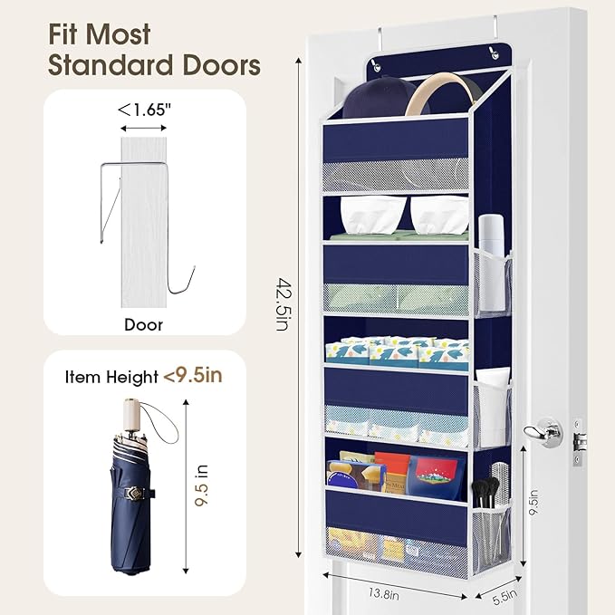 2 Pack Over The Door Organizer, Hanging Storage Organizer with Clear Window, 40lb Ultra Sturdy Large Capacity Room Organizer for Pantry Laundry Bathroom Nursery Closet (Blue)