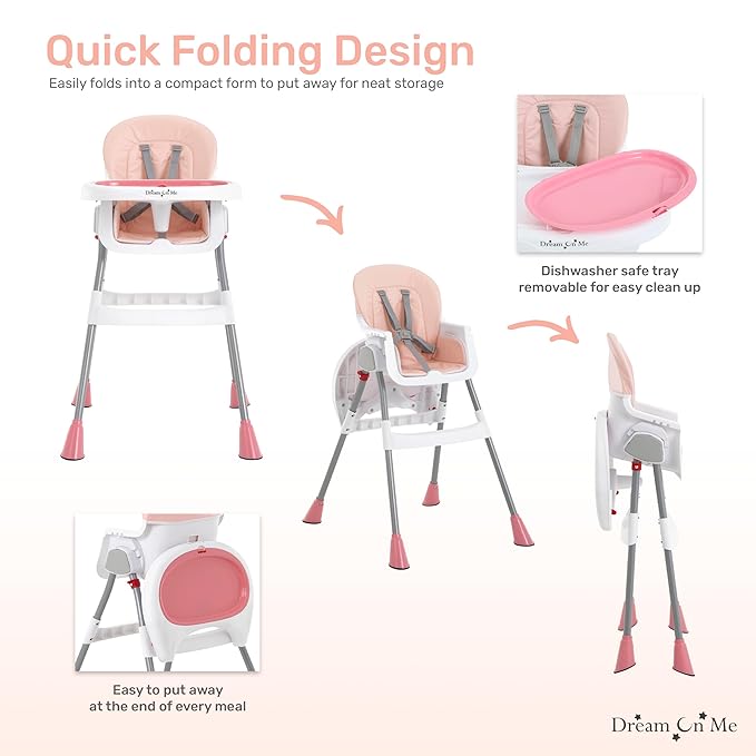 Dream On Me Portable 2-in-1 Tabletalk High Chair in Pink, Three Adjustable Height Settings, Lightweight Portable High Chair, Easy To Clean and Removable Tray