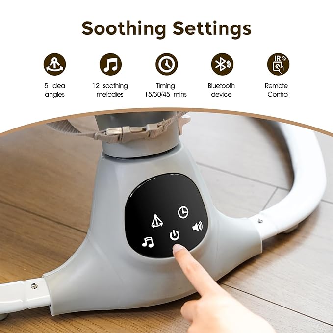 Electric Baby Swing for Infants to Toddler, Portable Swing Baby Rocker with 5 Point Harness, 5 Sway Speed, Bluetooth,12 Preset Lullabies with Remote Control, Infant Swing for Baby Boys & Girls, Grey