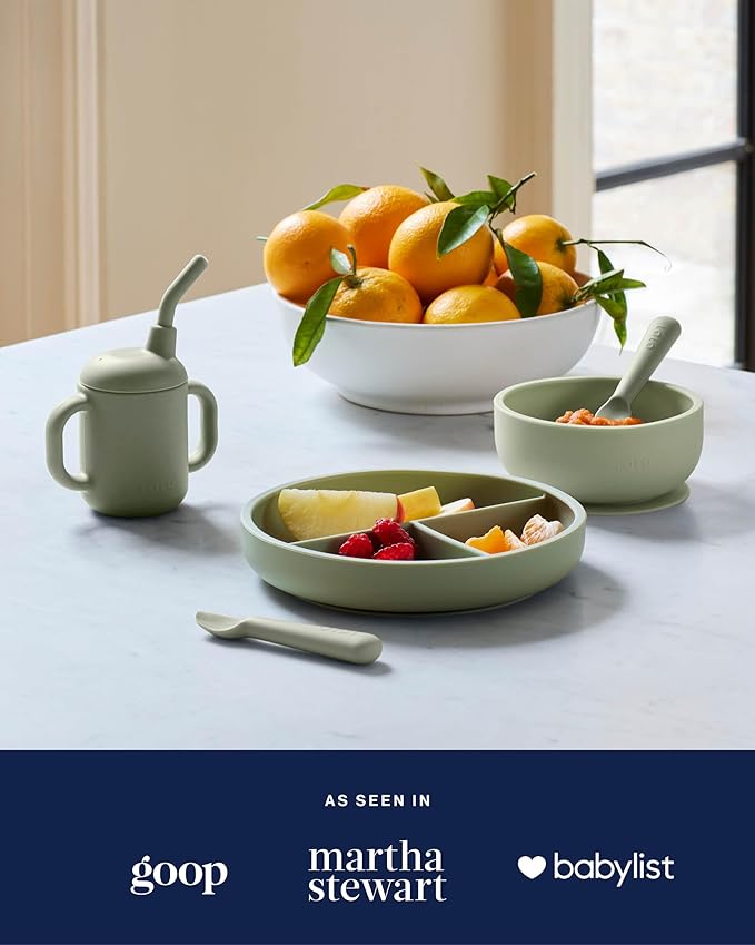 Lalo Suction Plates - 2 Pack, 100% Silicone Non-Toxic BPA-Free Baby Plates with Suction Base To Prevent Accidental Tip-Overs - Suction Plates for Toddlers With Three Divided Sections - Sage