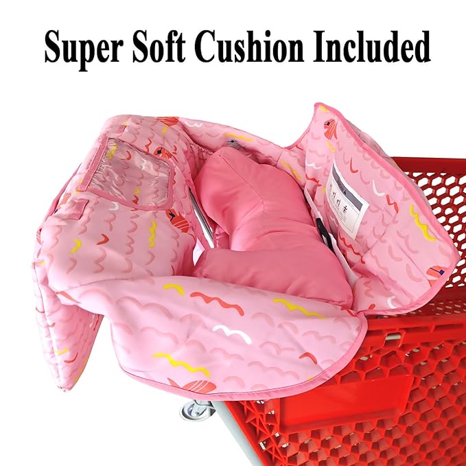 Soft Pillow Attached 2-in-1 Shopping Cart and High Chair Cover for Baby, Cotton Padded Cart Cover, Fold'n Roll Style, Portable with Carry Bag (Pink Fish)
