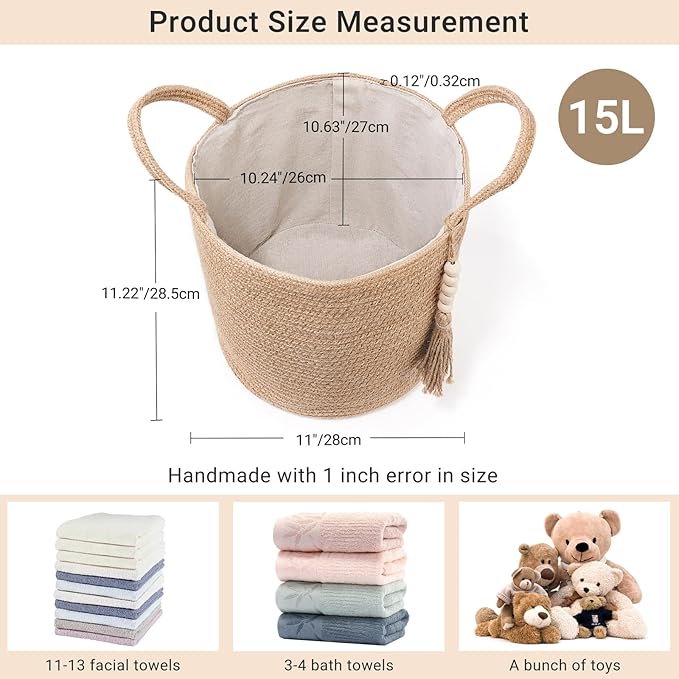 Mkono Woven Storage Basket Decorative Natural Rope Basket Wooden Bead Decoration for Blankets,Toys,Clothes,Shoes,Plant Organizer Bin with Handles Living Room Home Decor (Brown, 28 x 28cm)