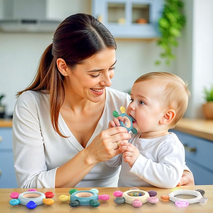 akolik Teething Toys for Babies, Baby Teethers Toy Teething Ring Silicone, Grasping Teething Toy, BPA Free Teething Newborn Accessories for Baby 0 3 6 9 12 18 Months (Blue B)