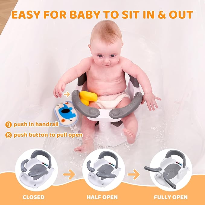 Baby Bath Seat for Babies 6 Months & Up Sitting Up,Infant Bath Seat with Temperature Alert+Open Backrest+on/Off Armrest,Toddler Bath seat Baby Bath Chair for Bathtub,Tub,Sink Grey