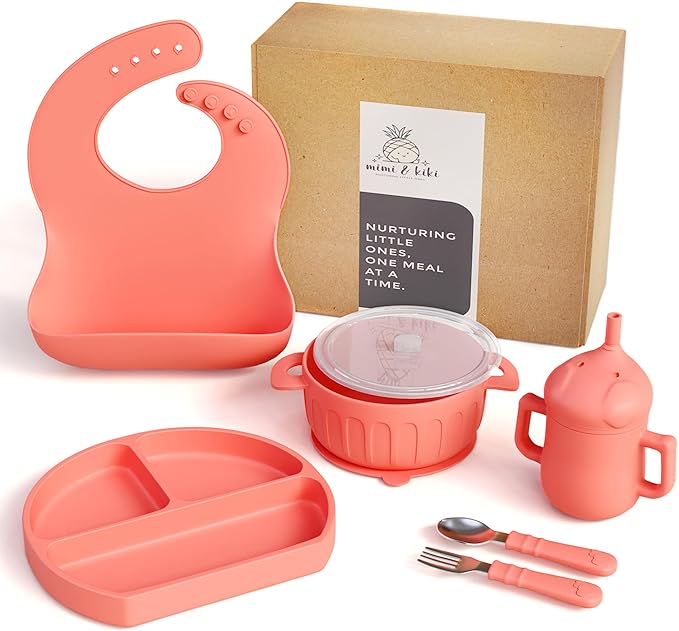 mimi & kiki BPA-Free Silicone Baby Feeding Set, Baby Plates and Bowls Set, Baby Led Weaning Supplies, Silicone Suction Plate, Baby Utensils, Bib and Cup, Self Feeding, Dishwasher Safe (Pink)