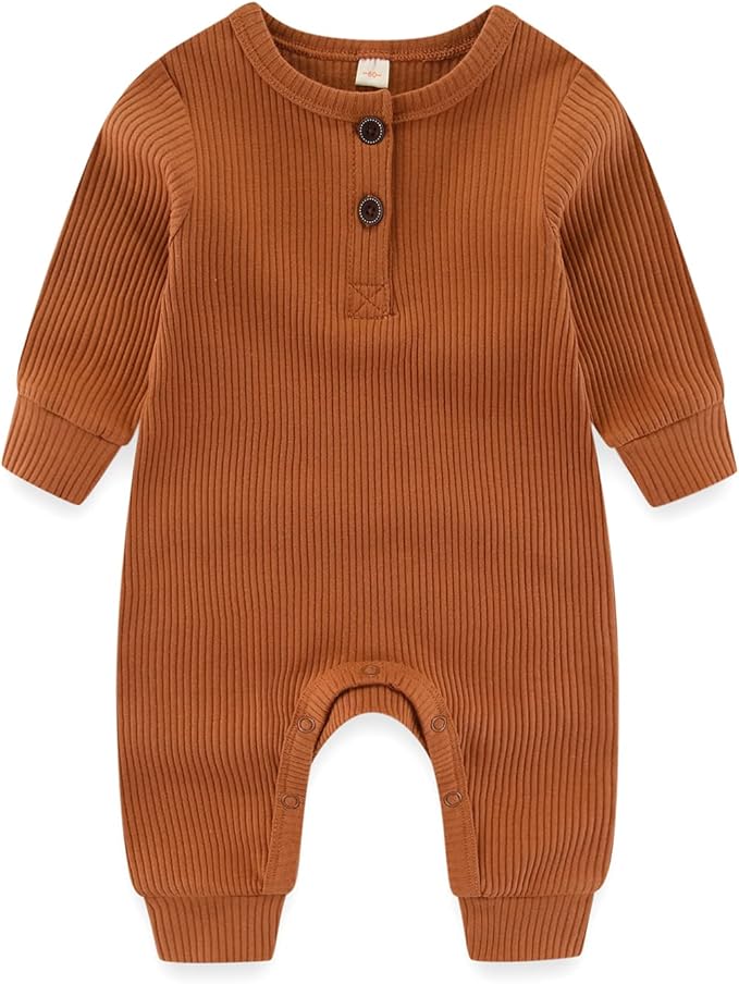 Newborn Baby Boys Girls One Piece Romper With Mitten Cuffs 3 Pack Long Sleeve Ribbed Button Jumpsuit Outfit Clothes