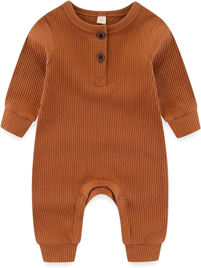 Newborn Baby Boys Girls One Piece Romper With Mitten Cuffs 3 Pack Long Sleeve Ribbed Button Jumpsuit Outfit Clothes