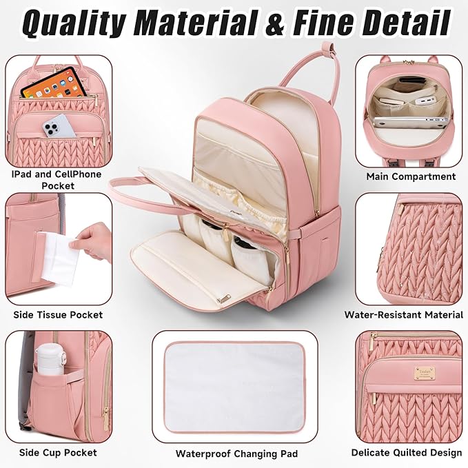 Diaper Bag Backpack,Stylish Baby Diaper Bag,Waterproof Travel Diaper Backpacks Baby Bags with Changing Pad,Stroller Straps,Insulated Pockets (Pink)