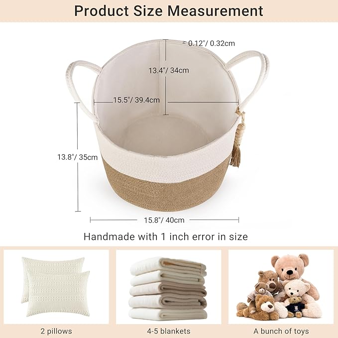 Mkono Woven Storage Basket Decorative Natural Rope Basket Wooden Bead Decoration for Blankets,Toys,Clothes,Shoes,Plant Organizer Bin with Handles Living Room Home, 16" Wx13.8 L, Cream White and Brown