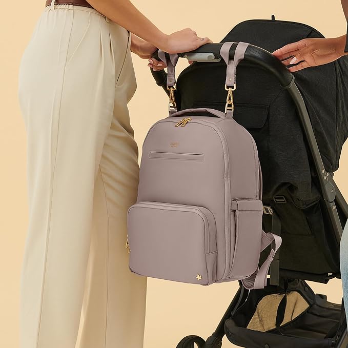 JuJuBe New Classic Diaper Bag Backpack with Portable Changing Pad, Stroller Straps, Large Travel Backpack for Boy or Girl, Carrying Baby Bottles, Wipes, Diapers, Pacifiers, Taupe, Mother's Day Gift