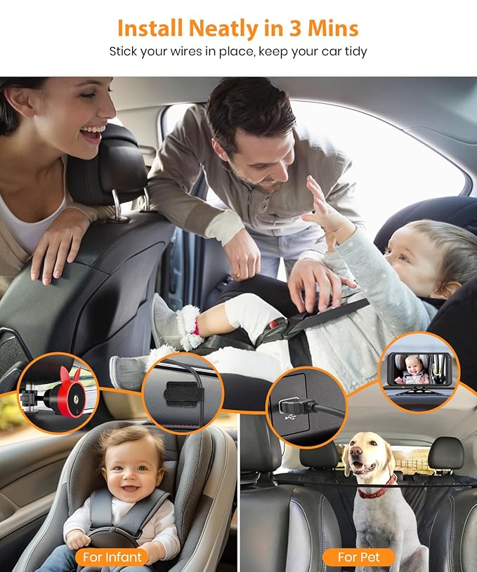BV2 Baby Car Camera, 4.5'' HD 1080P USB Rear-Facing Mirror, IR Night Vision, 360° Adjustable, Plug & Play Backup Monitor for Child & Pet Safety